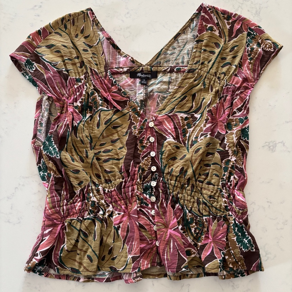 Madewell Shirred Cap-Sleeve Top in Brushstroke Monstera Sz. M (b2)